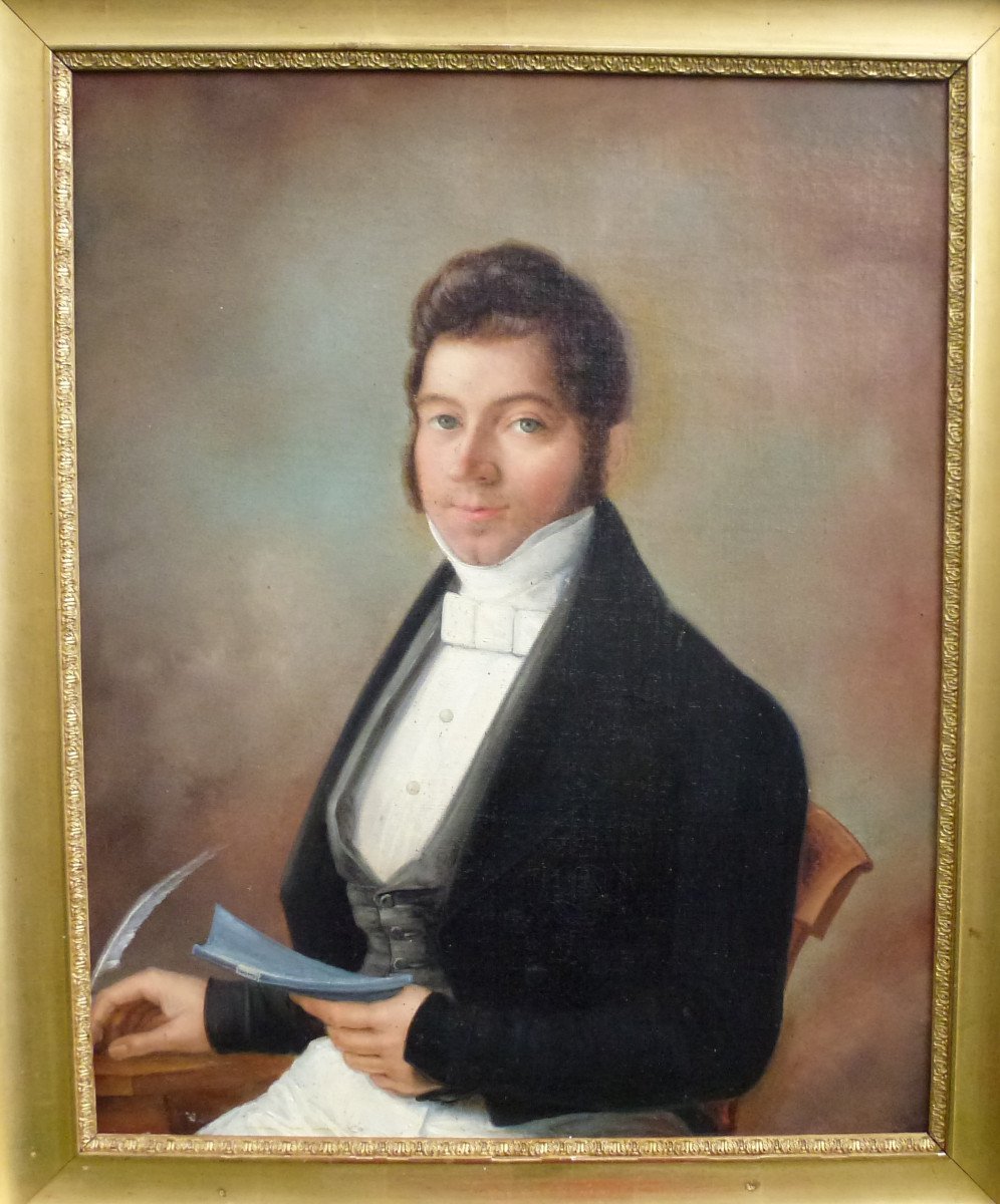 Large Portrait Of Young Man First Empire Period Oil/canvas Early 19th Century-photo-3