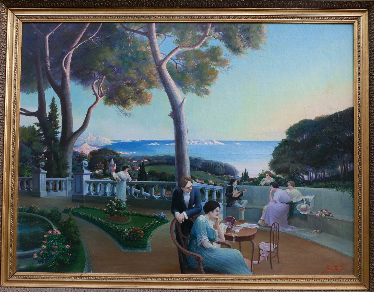 Large Painting Genre Scene Animated Terrace Oil/canvas 19th Century Signed-photo-3