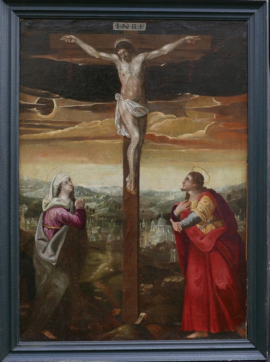 Grande Scène Religieuse Crucifixion De Jésus Christ Huile/toile Du XVIIe Siècle-photo-2