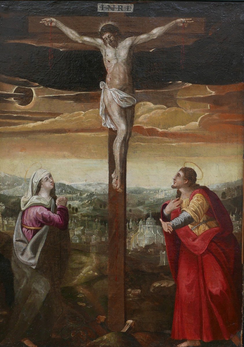 Grande Scène Religieuse Crucifixion De Jésus Christ Huile/toile Du XVIIe Siècle-photo-3