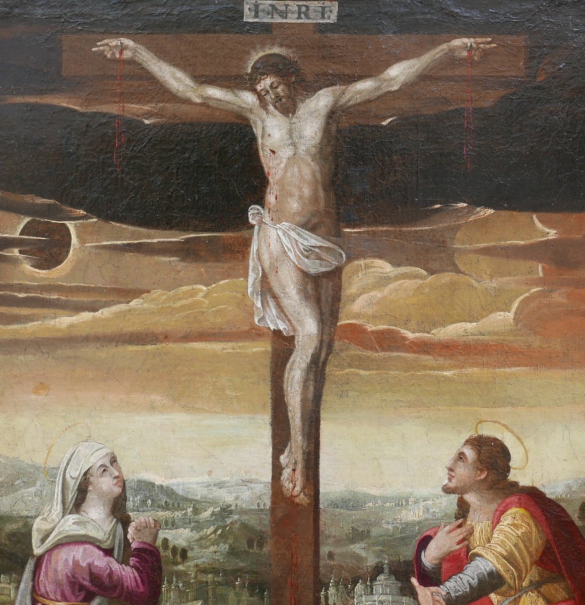 Grande Scène Religieuse Crucifixion De Jésus Christ Huile/toile Du XVIIe Siècle-photo-1