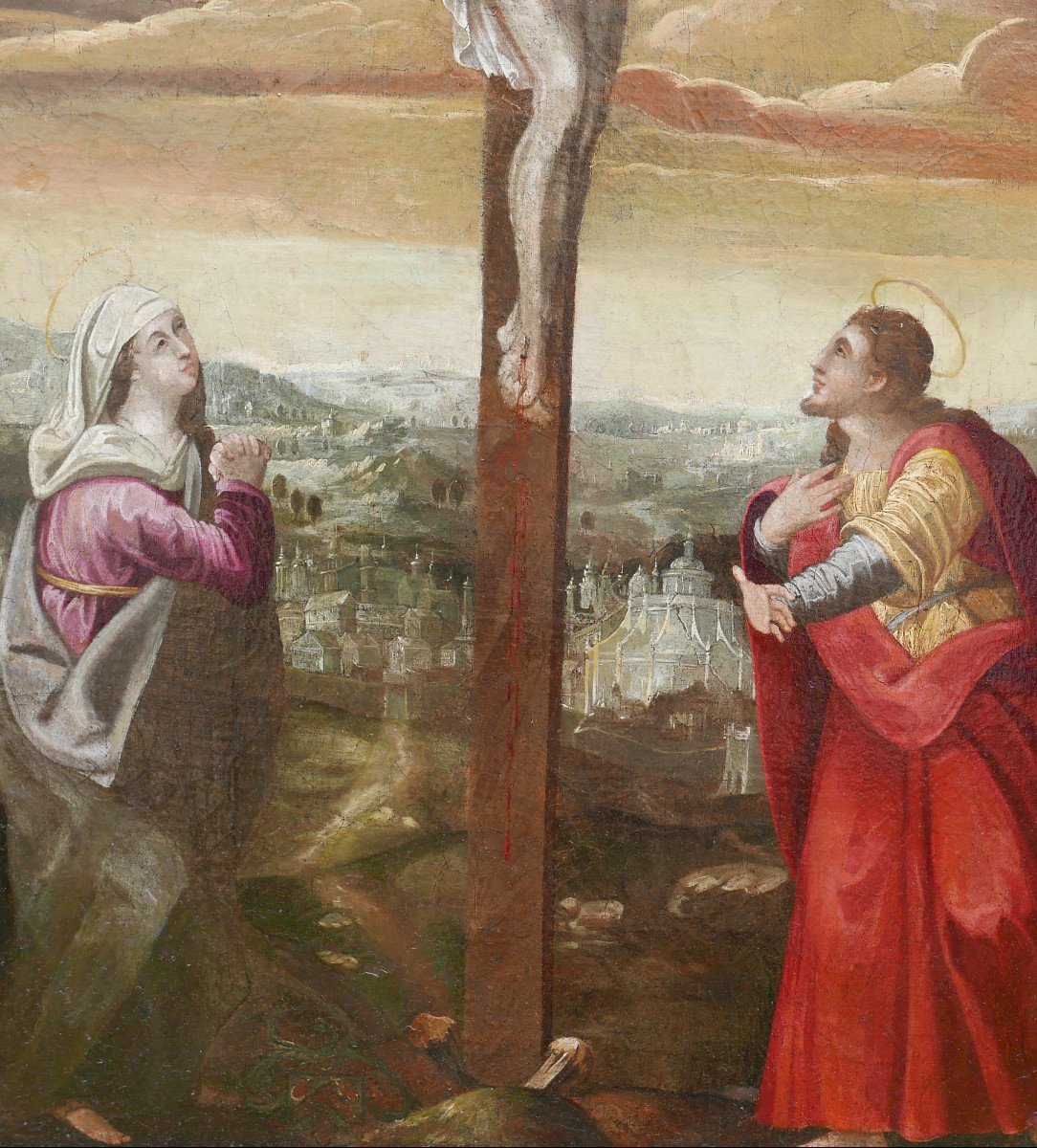 Grande Scène Religieuse Crucifixion De Jésus Christ Huile/toile Du XVIIe Siècle-photo-2