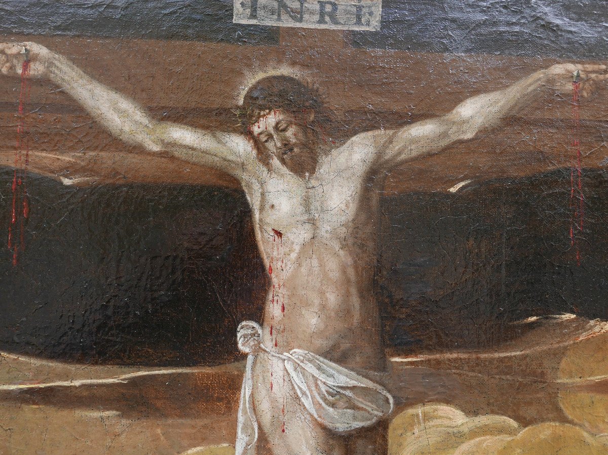 Grande Scène Religieuse Crucifixion De Jésus Christ Huile/toile Du XVIIe Siècle-photo-5