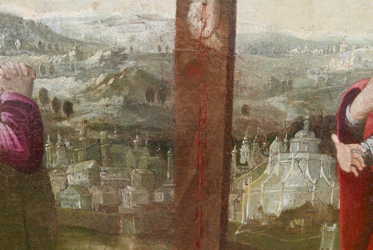 Grande Scène Religieuse Crucifixion De Jésus Christ Huile/toile Du XVIIe Siècle-photo-6