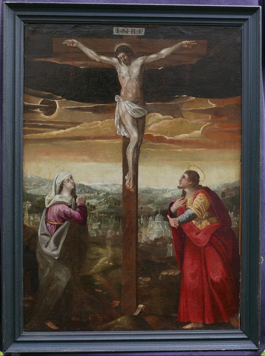 Grande Scène Religieuse Crucifixion De Jésus Christ Huile/toile Du XVIIe Siècle