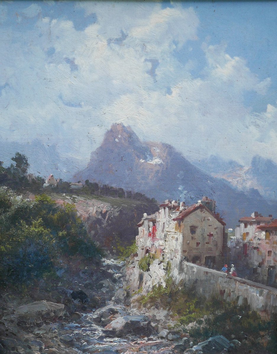 Alfred Godchaux Tableau Paysage Village De Montagne Huile/toile Du XIXème Siècle-photo-4