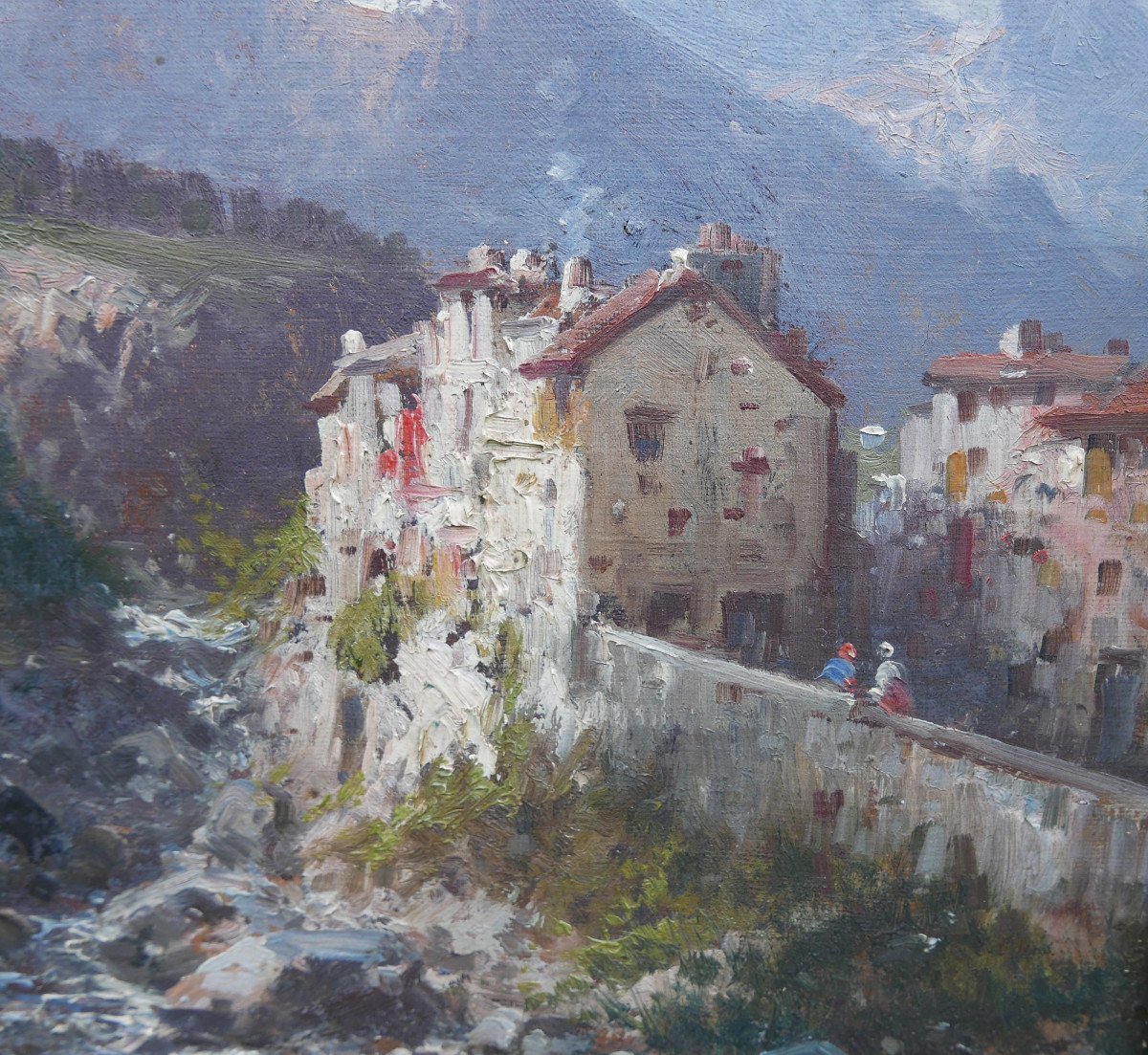 Alfred Godchaux Tableau Paysage Village De Montagne Huile/toile Du XIXème Siècle-photo-3