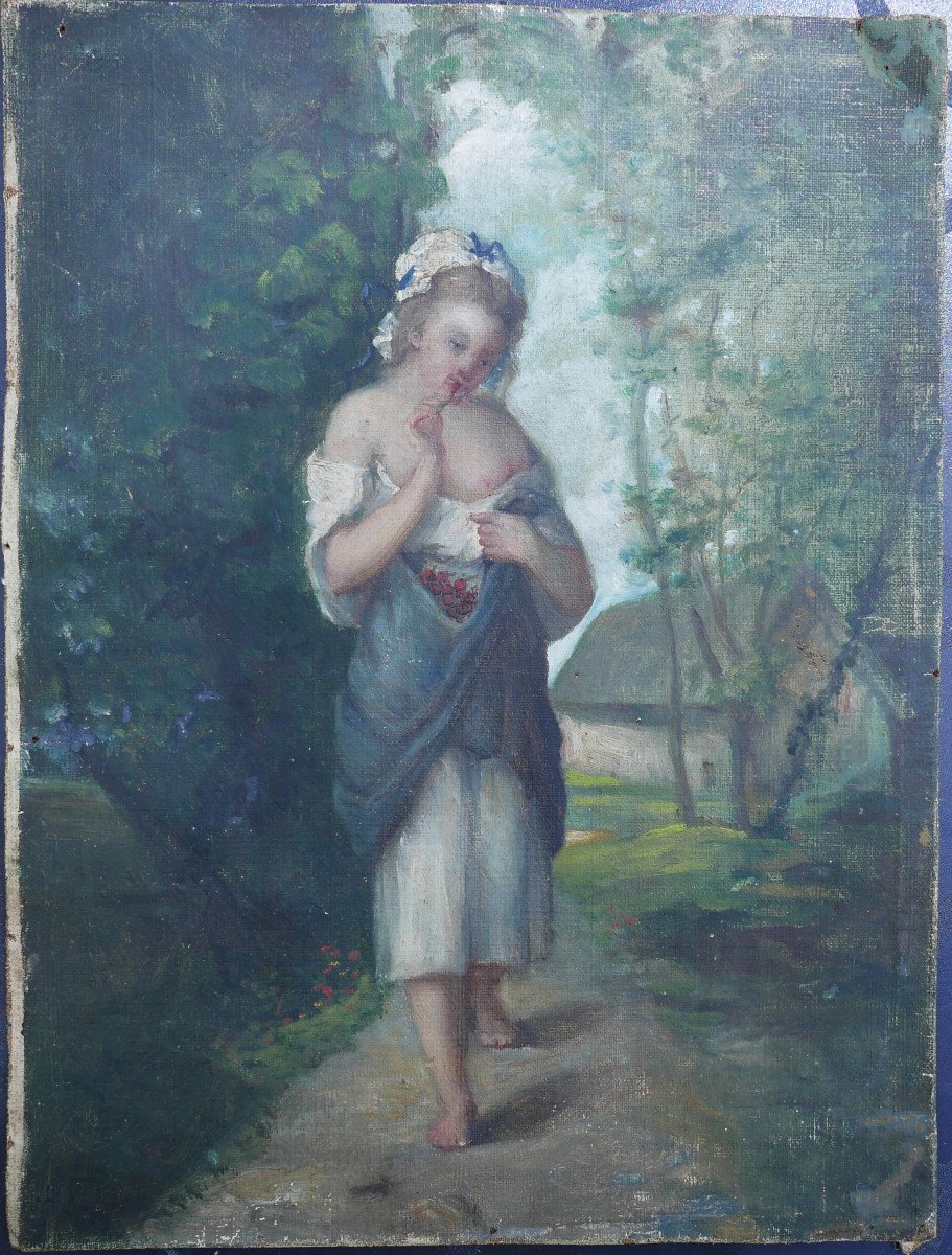 Portrait Of Young Woman With Cherries Oil/canvas From The 19th Century-photo-2