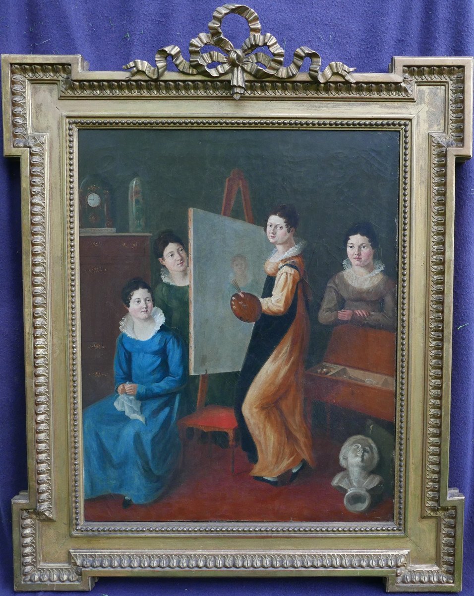 Portrait Scène De Genre l'Atelier Ier Empire Huile/toile Du XIXème Siècle