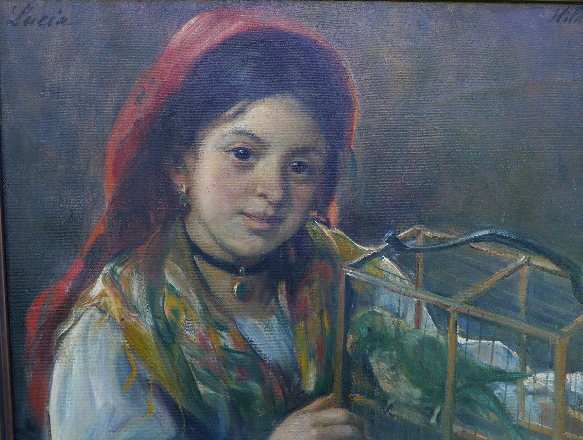 Portrait d'Une Jeune Femme Lucia Huile/toile Début Du XXème Siècle Signé-photo-4