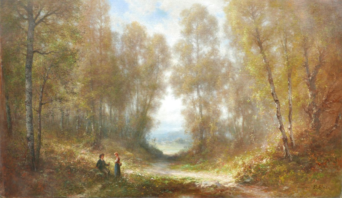 Almer Grand Tableau Paysage Forestier Animé Huile/toile Du XIXème Siècle-photo-2