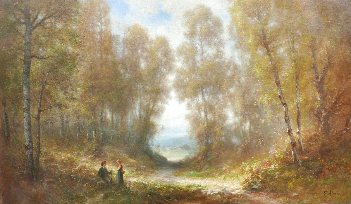 Almer Grand Tableau Paysage Forestier Animé Huile/toile Du XIXème Siècle-photo-3
