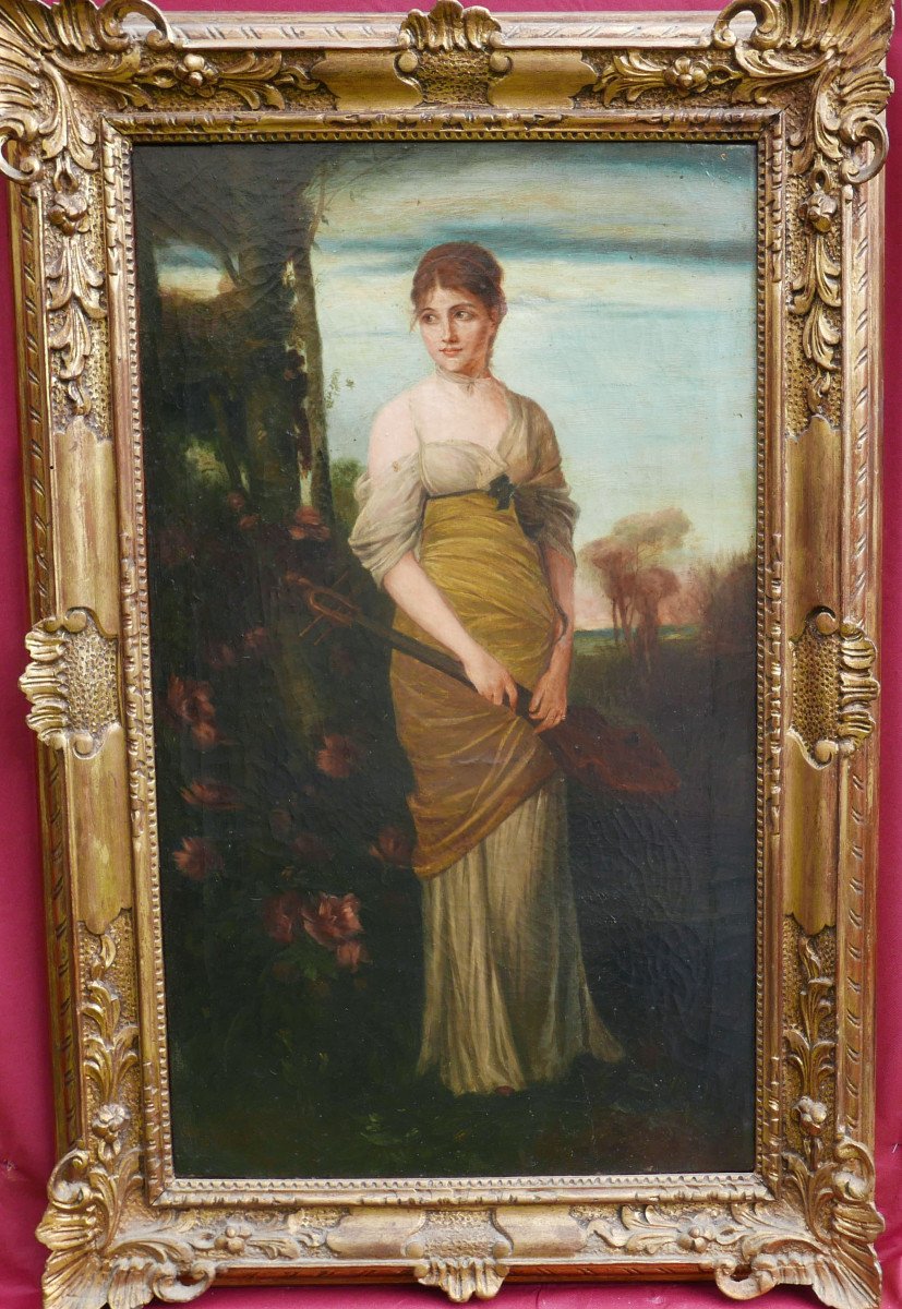 Grand Portrait De Jeune Femme Au Luth d'Après Kaulbach Huile/toile XIXème Siècle-photo-2