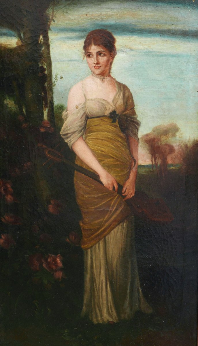 Large Portrait Of Young Woman With Lute After Kaulbach Oil/canvas 19th Century-photo-3