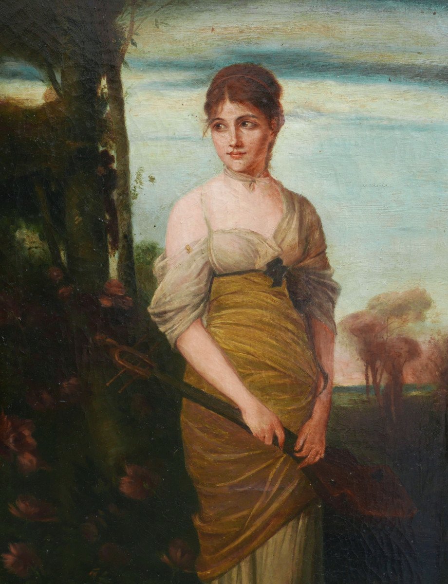 Large Portrait Of Young Woman With Lute After Kaulbach Oil/canvas 19th Century-photo-1