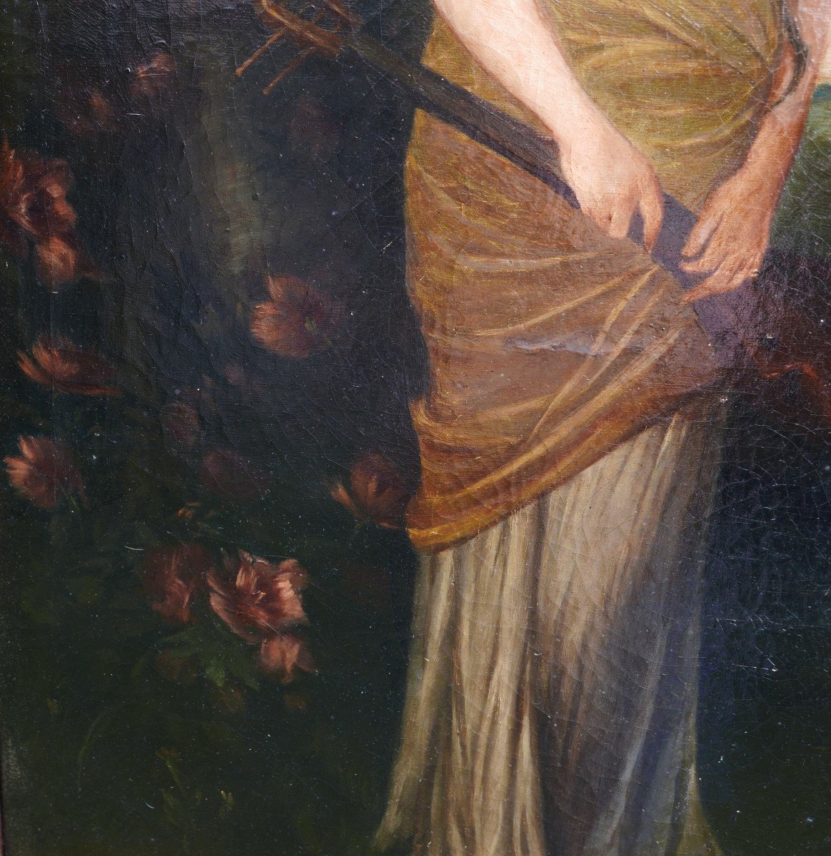 Large Portrait Of Young Woman With Lute After Kaulbach Oil/canvas 19th Century-photo-5