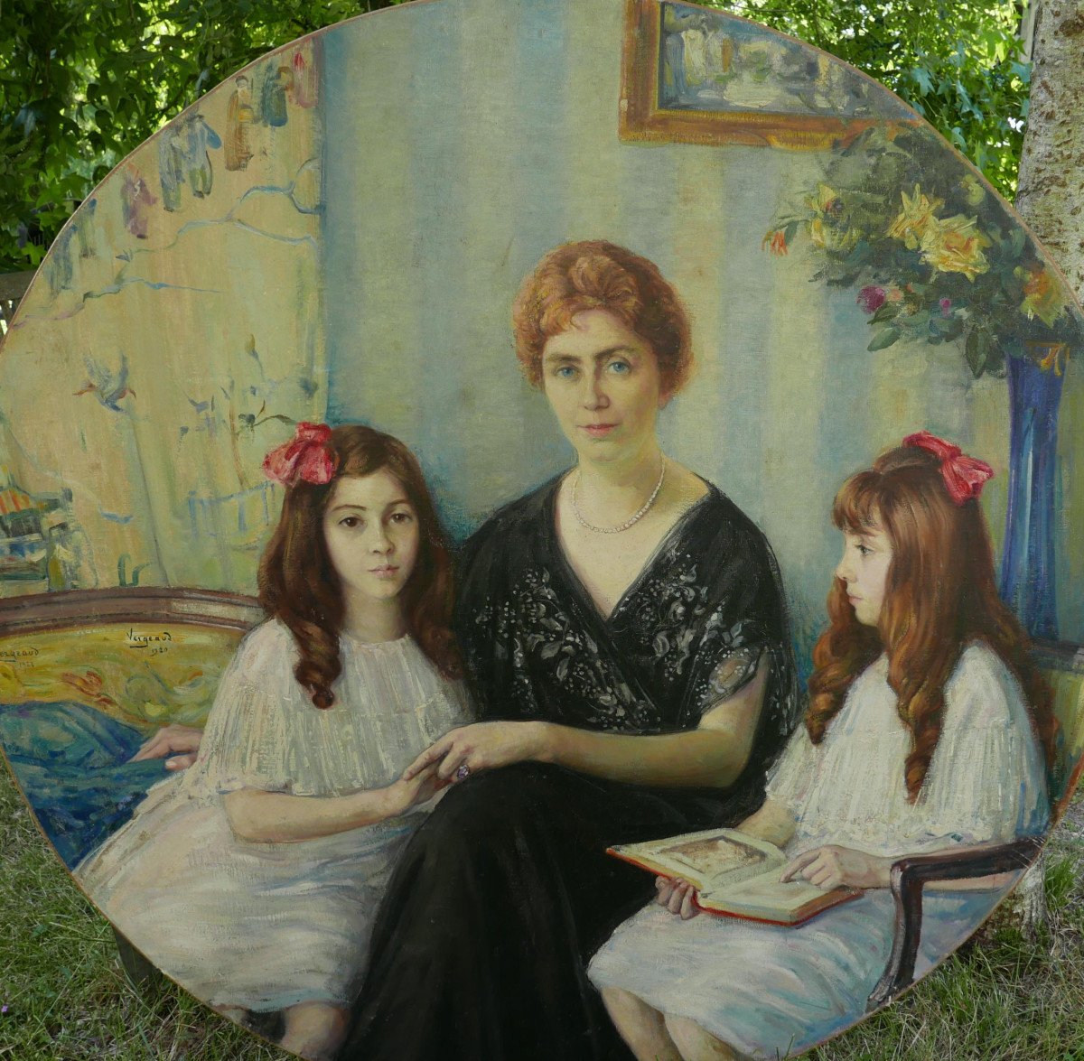 Vergeaud Grand Portrait d'Une Femme Et Ses Filles Huile/toile Début XXème Siècle-photo-2