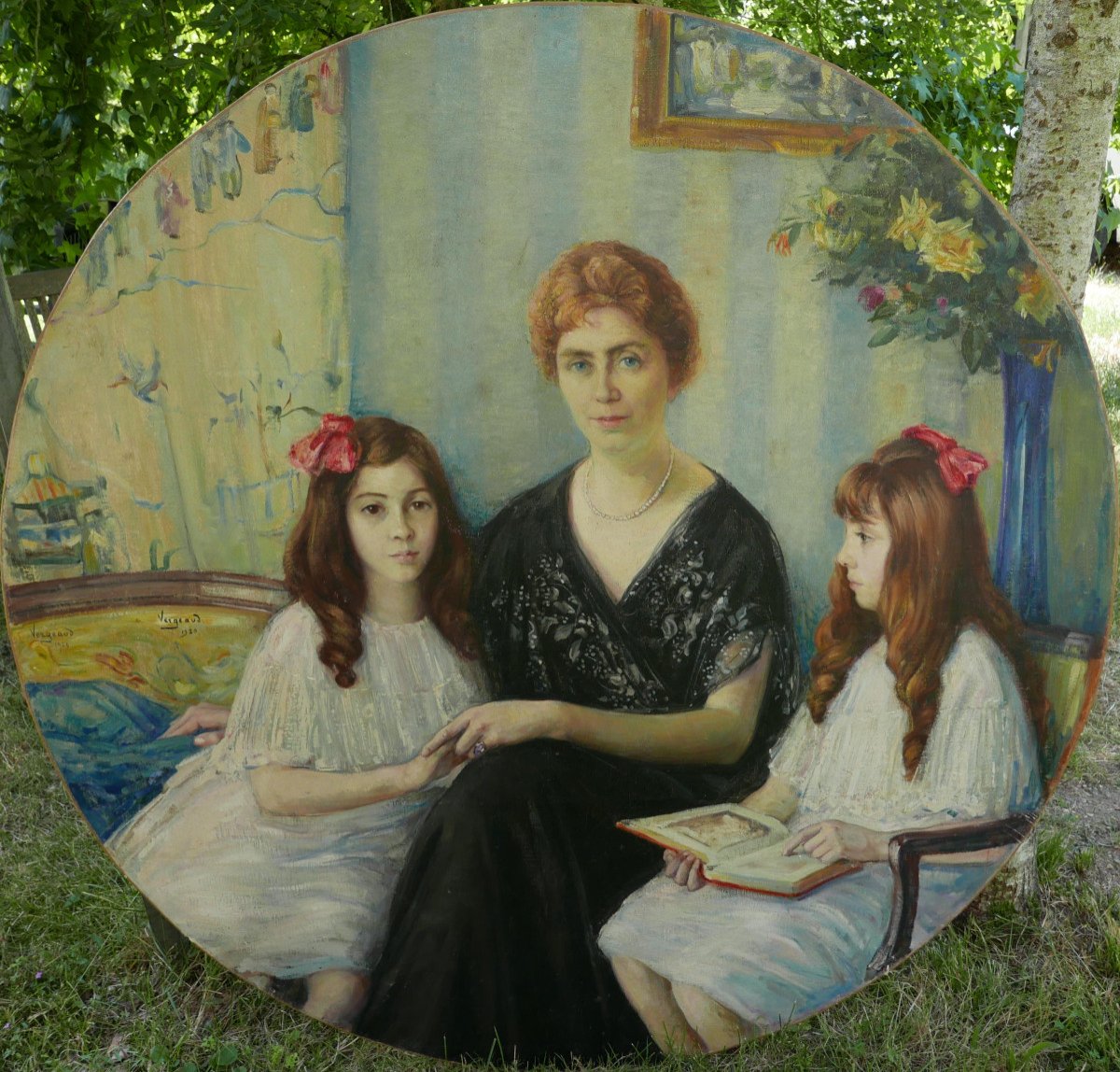 Vergeaud Grand Portrait d'Une Femme Et Ses Filles Huile/toile Début XXème Siècle