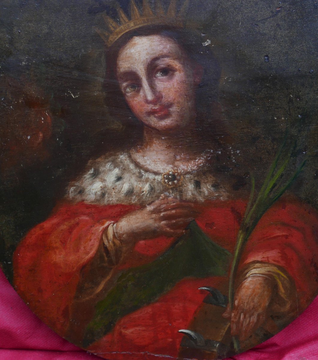 Religious Painting Portrait Of Saint Catherine Oil/panel Late 18th Century-photo-3