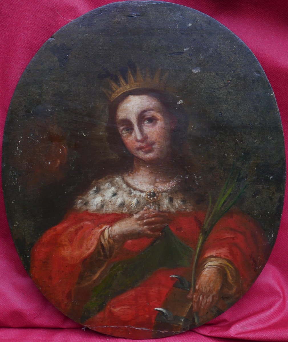 Religious Painting Portrait Of Saint Catherine Oil/panel Late 18th Century