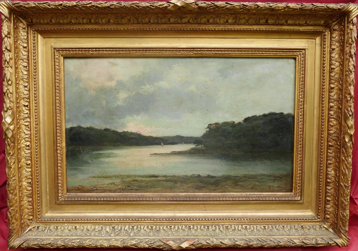 Lakeside Landscape Oil/canvas Late 19th Century Signed-photo-2