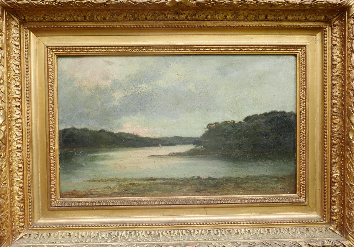 Lakeside Landscape Oil/canvas Late 19th Century Signed-photo-3