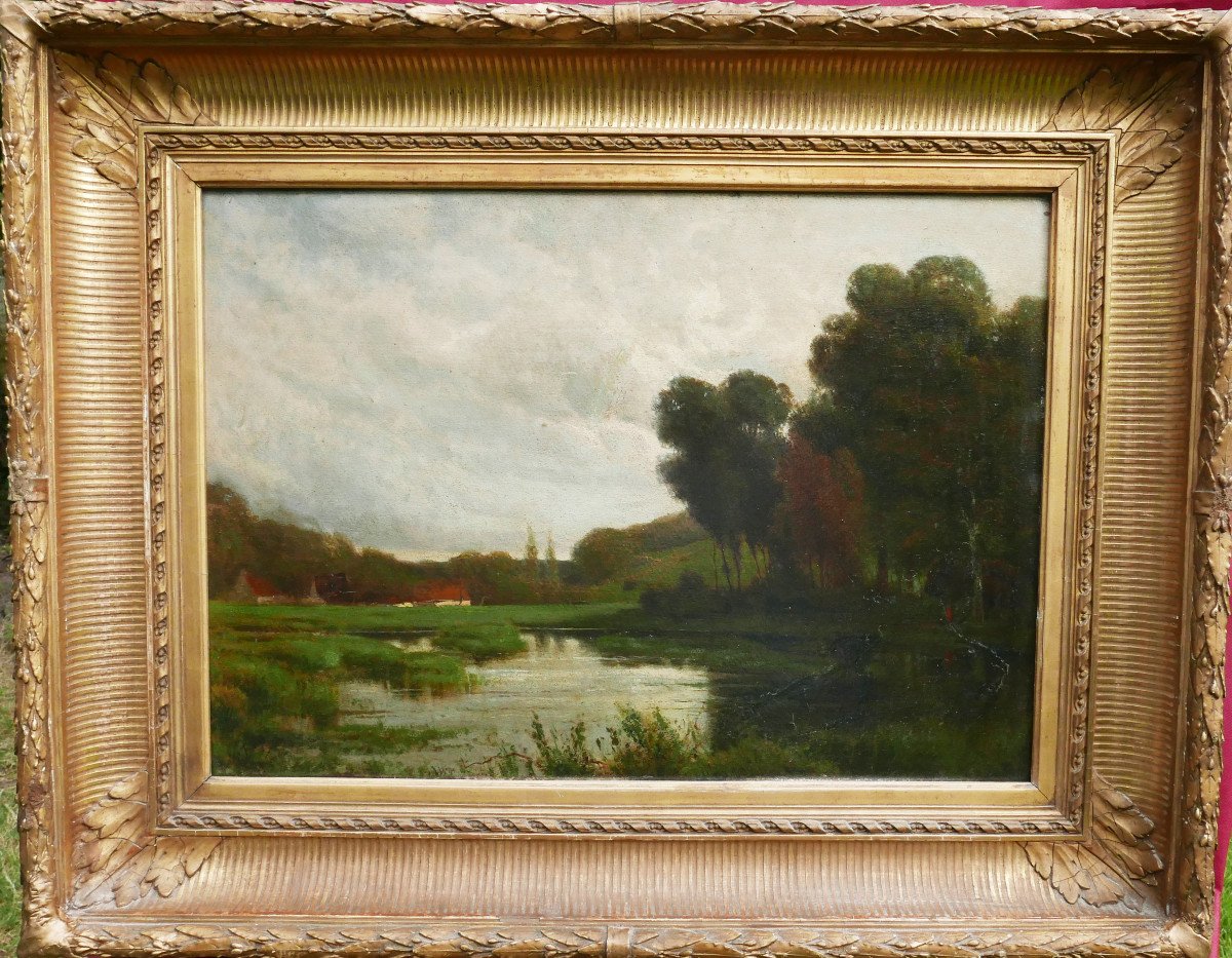 François Binjé Riverside Landscape Oil/panel From The 19th Century Signed-photo-2