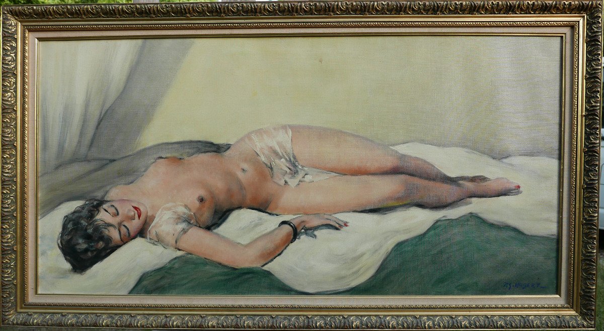 Hubert Grand Portrait Nu De Femme Allongée Huile/toile Du XXème Siècle Signé