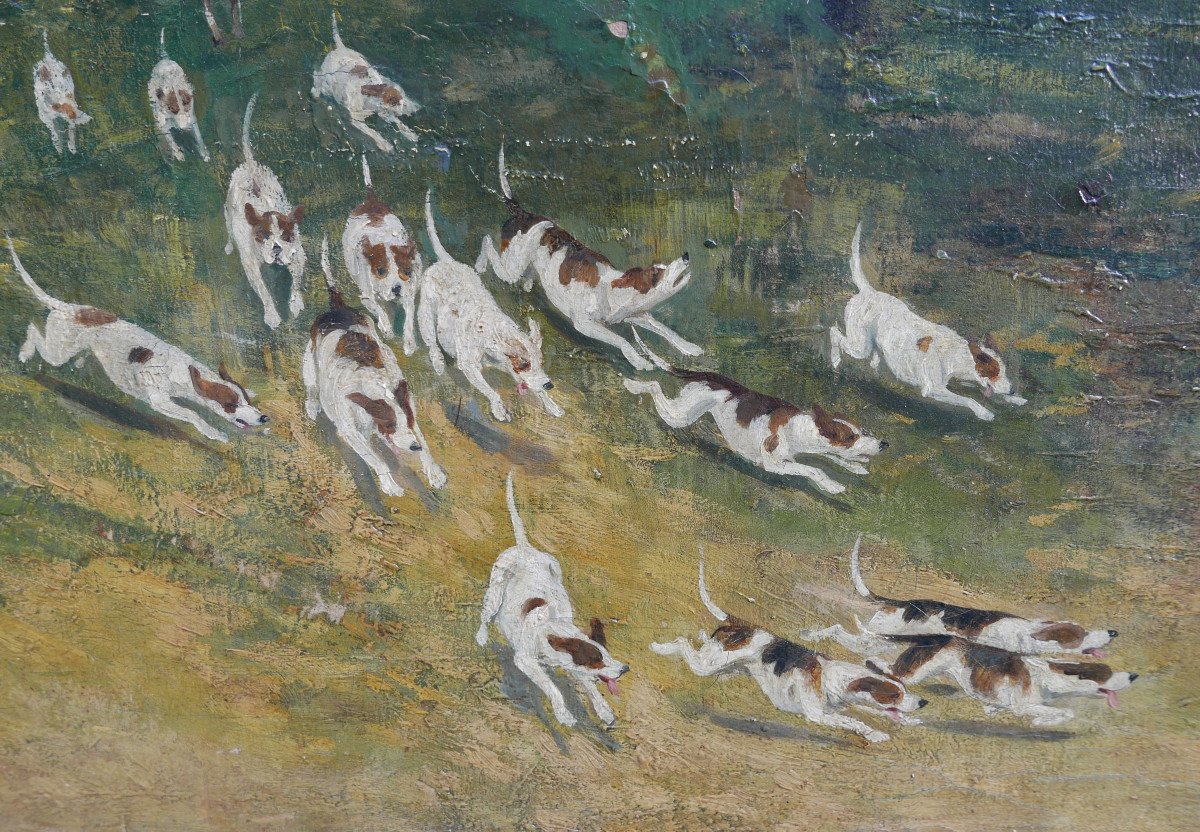 Tableau Scène De Chasse Au Renard Huile/toile Du XIXème Siècle-photo-2