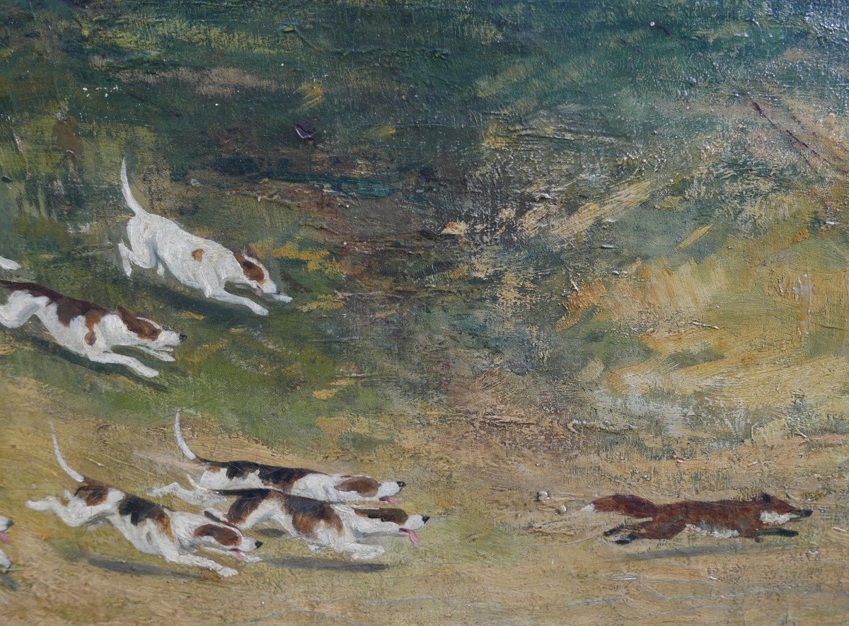 Tableau Scène De Chasse Au Renard Huile/toile Du XIXème Siècle-photo-3