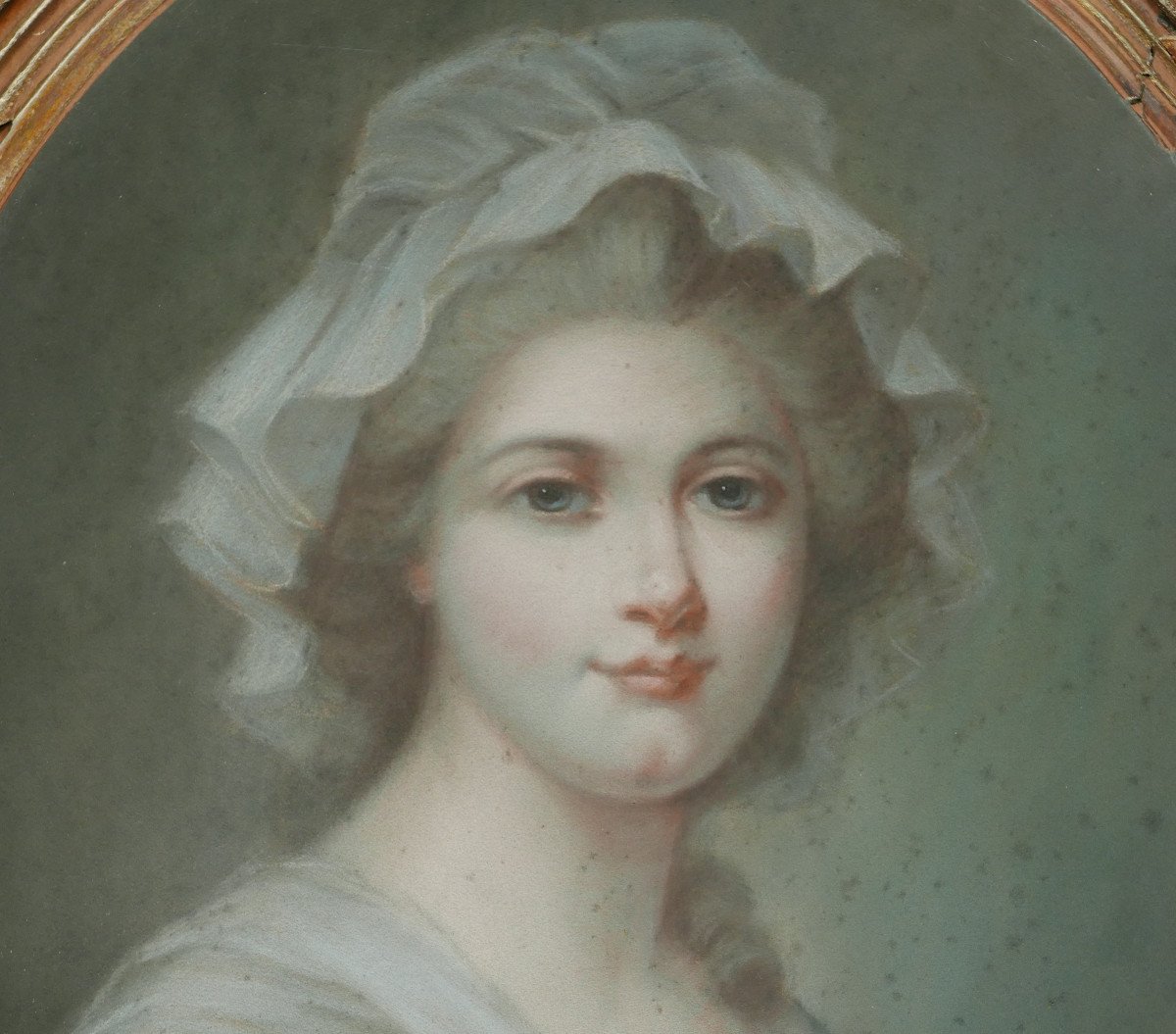 Portrait Of A Young Woman Oval Louis XVI Period Pastel From The 19th Century-photo-2