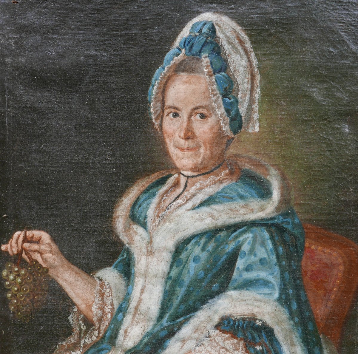 Portrait de Femme aux Raisins Huile/Toile du XVIIIème siècle-photo-3