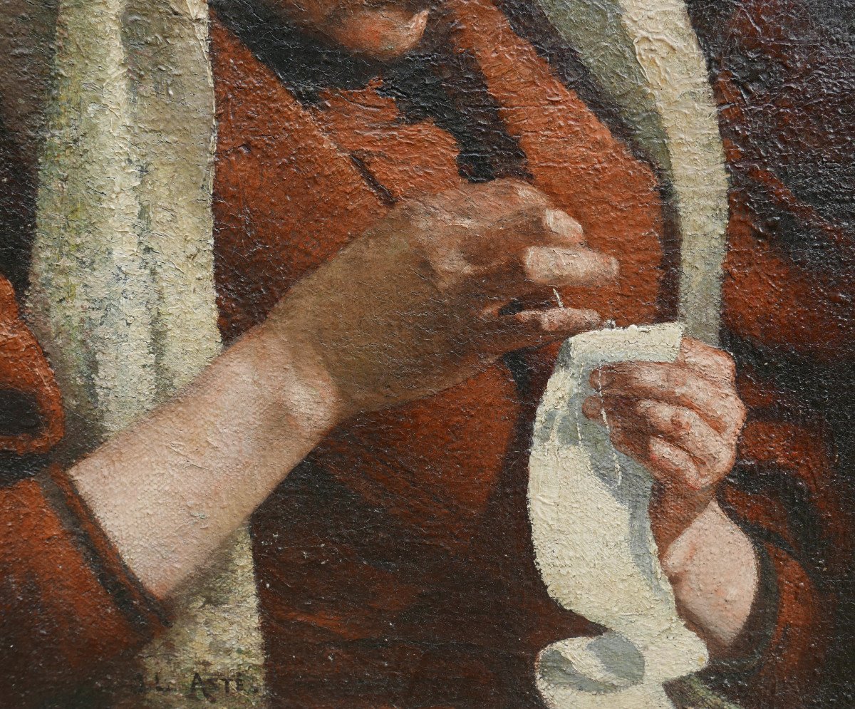 Jean-louis Asté Portrait Of A Sewing Woman Oil/canvas From The Beginning Of The 20th Century-photo-3