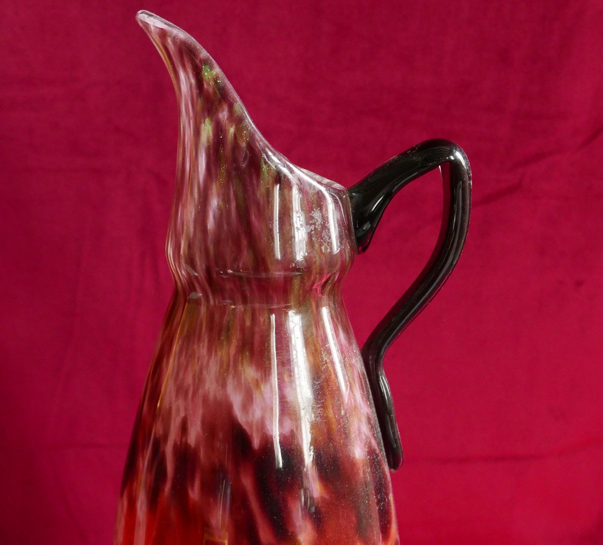 Charles Schneider Blown Glass Ewer With Stretched Spout On Baluster Foot Signed-photo-2