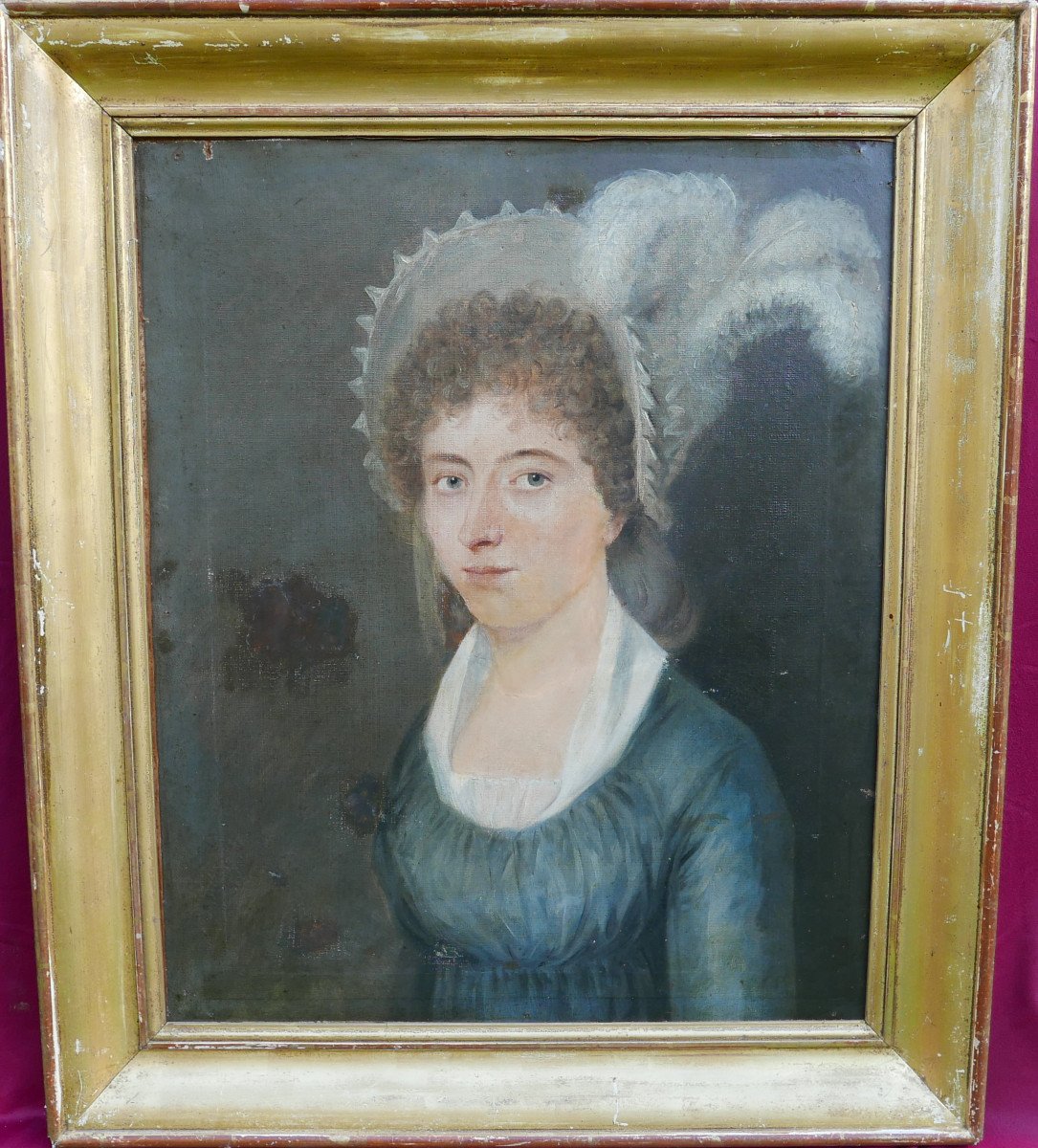 Portrait De Femme Au Chapeau à Plumes Huile/toile Du XIXème Siècle-photo-2