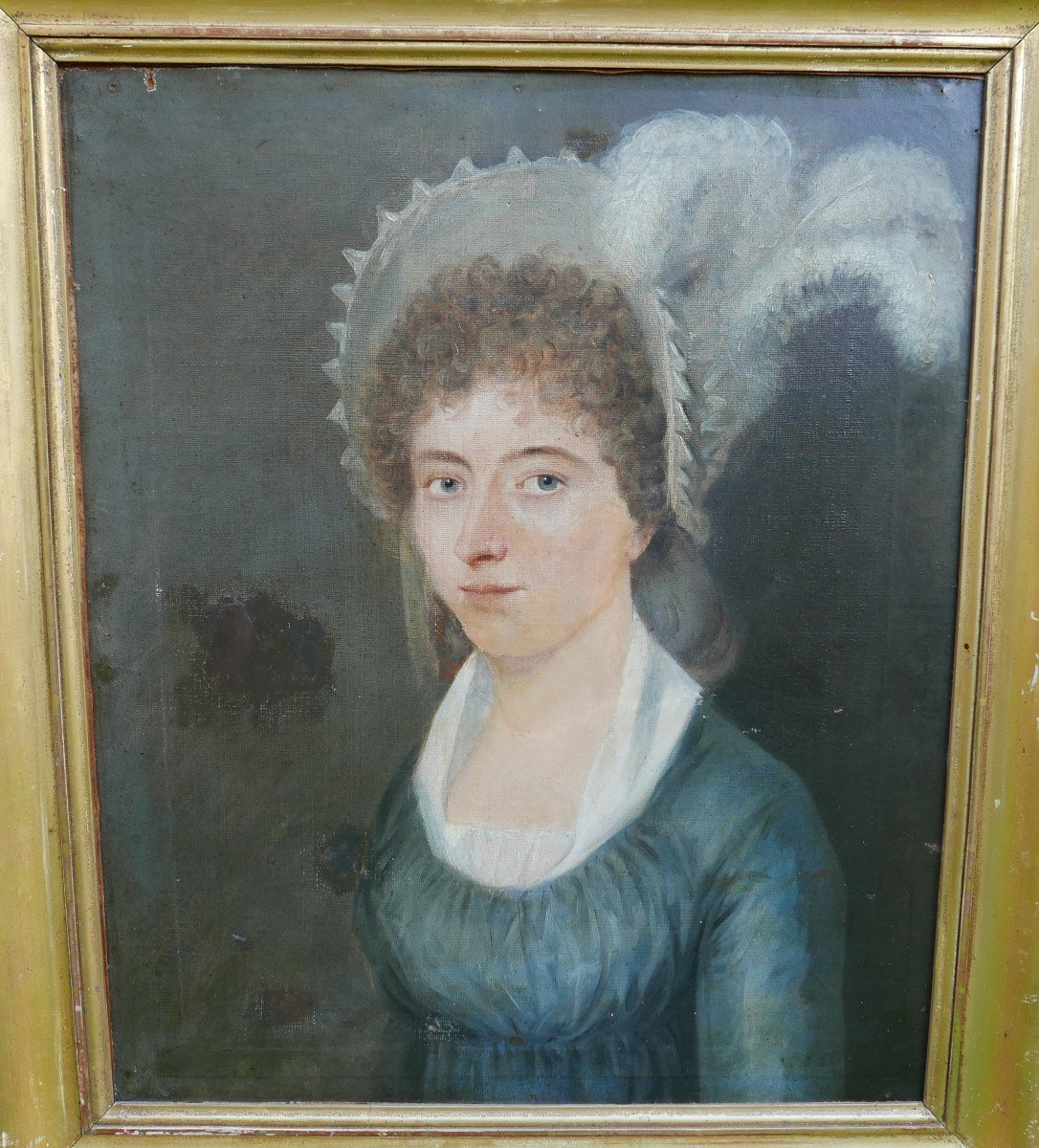 Portrait De Femme Au Chapeau à Plumes Huile/toile Du XIXème Siècle-photo-3