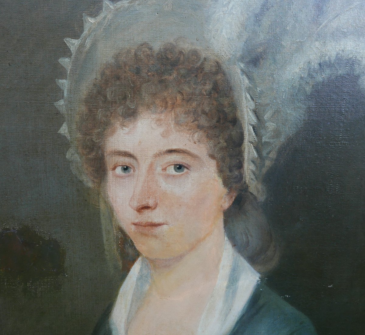 Portrait De Femme Au Chapeau à Plumes Huile/toile Du XIXème Siècle-photo-2