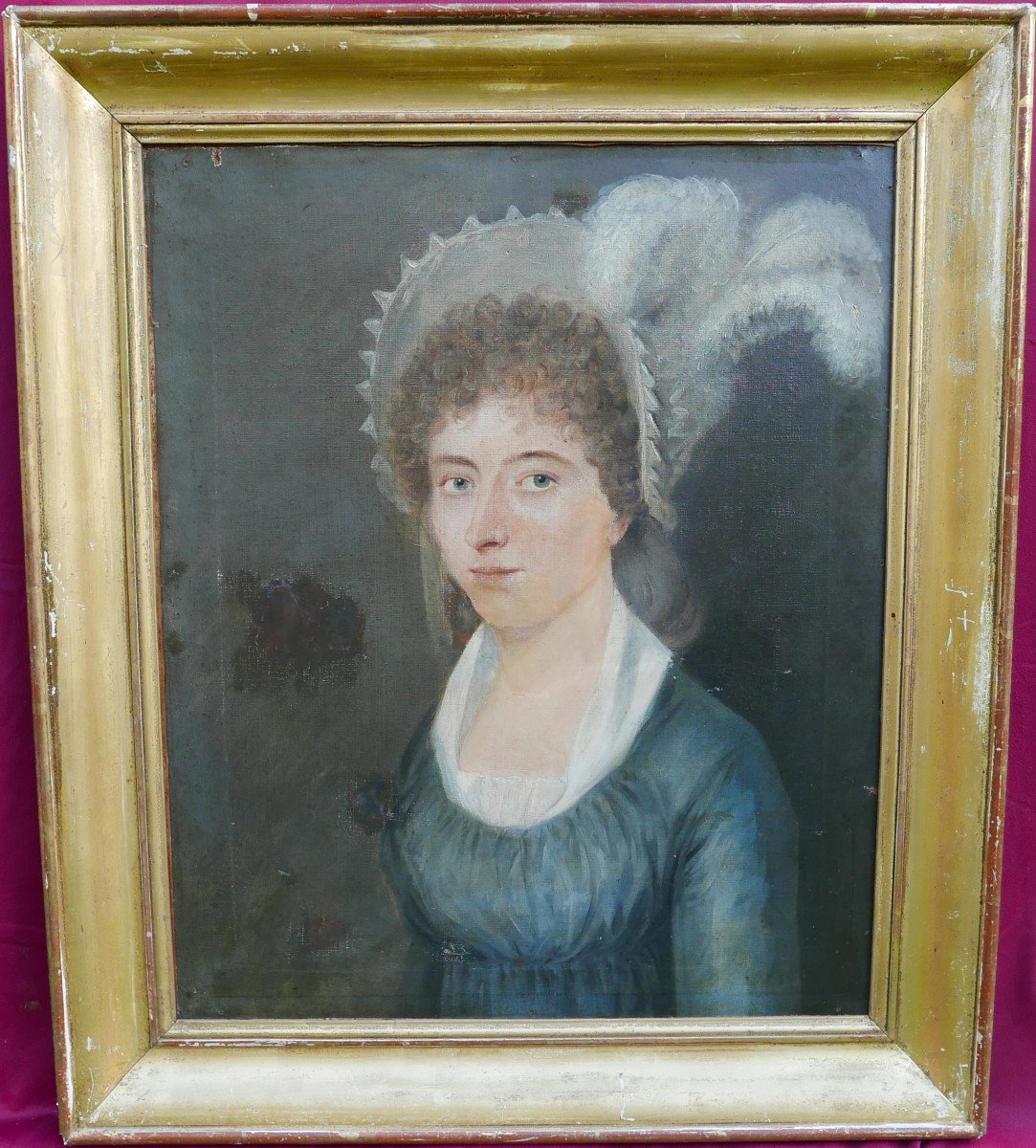 Portrait De Femme Au Chapeau à Plumes Huile/toile Du XIXème Siècle