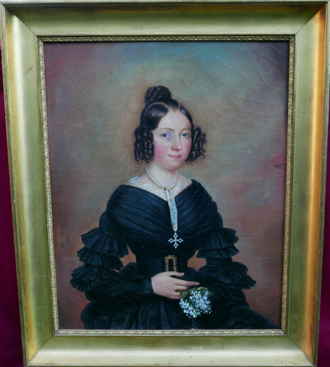 Grand Portrait De Jeune Femme Epoque Charles X Huile/toile Du XIXème Siècle-photo-2