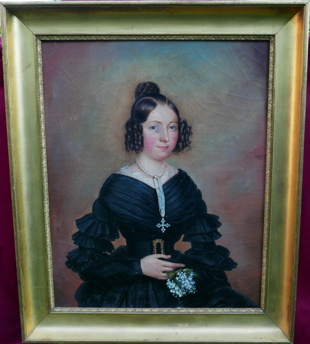 Grand Portrait De Jeune Femme Epoque Charles X Huile/toile Du XIXème Siècle