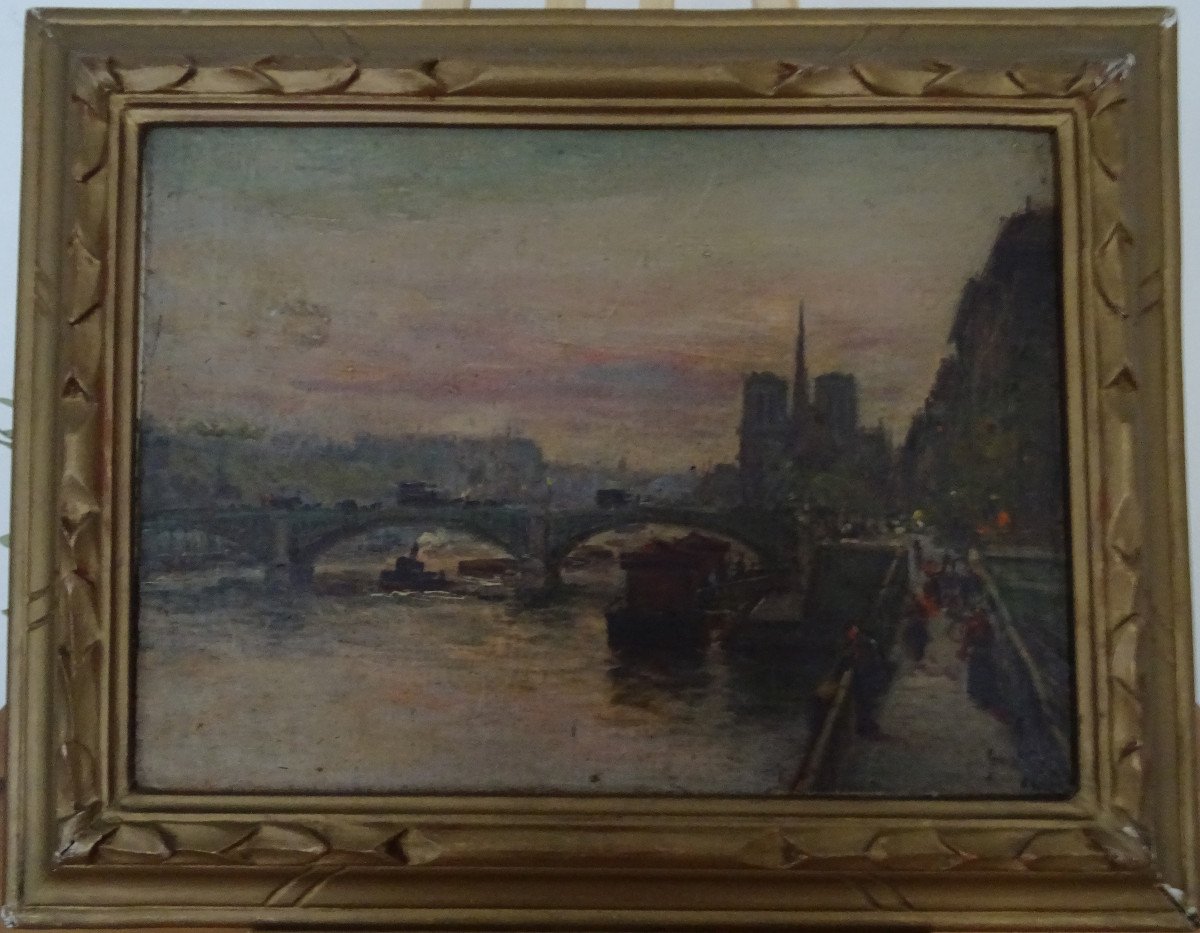 Painting Landscape Paris The Seine Steamboat Oil/canvas 19th Century Signed-photo-2