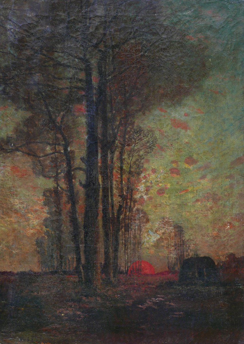 Forest Landscape Painting Twilight Oil/canvas 19th Century-photo-2