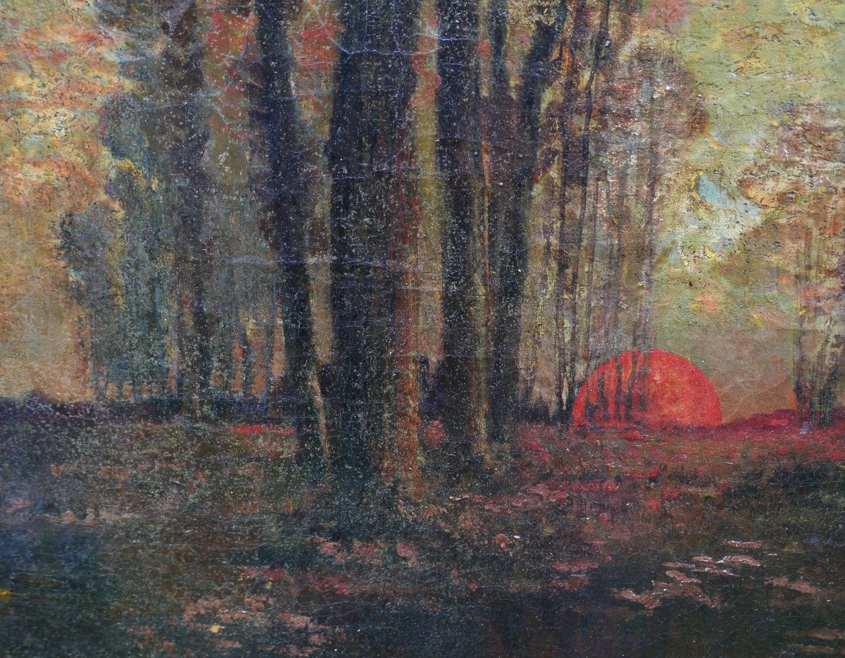 Forest Landscape Painting Twilight Oil/canvas 19th Century-photo-3