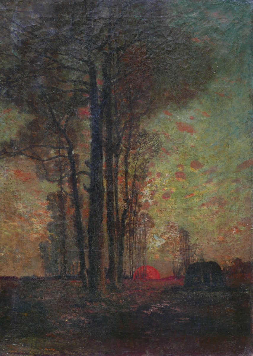 Forest Landscape Painting Twilight Oil/canvas 19th Century