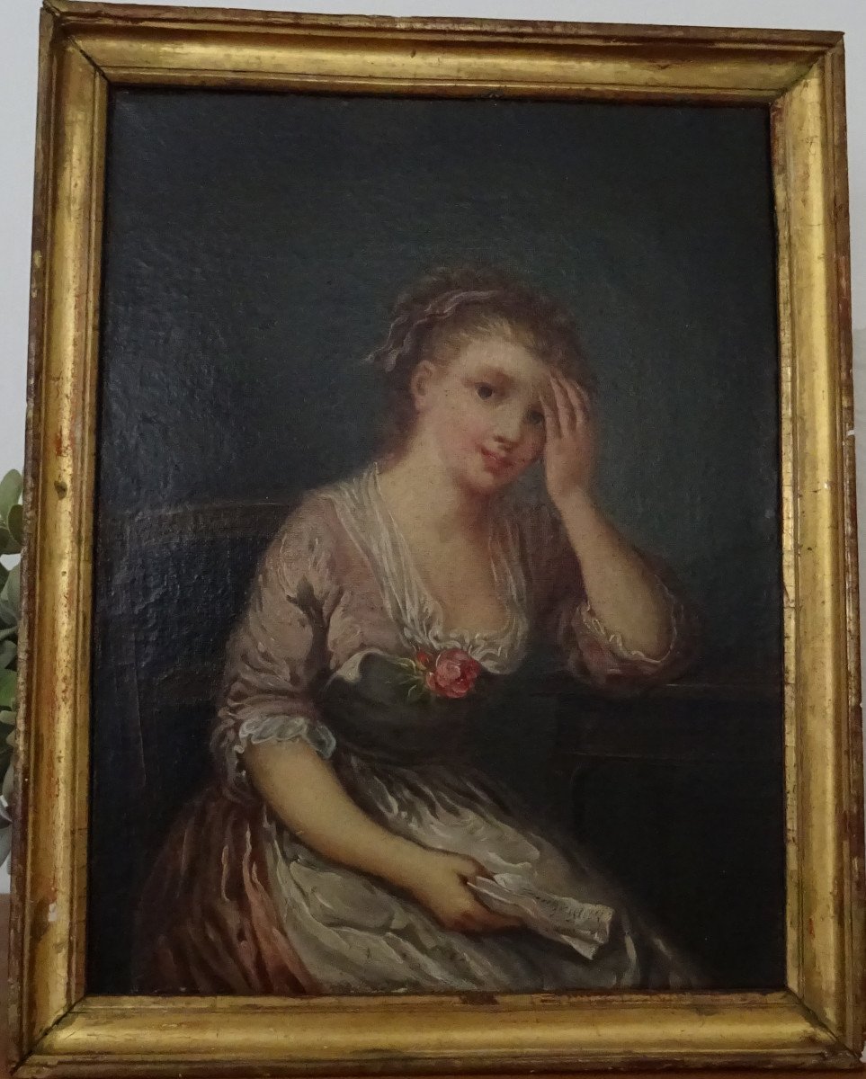 Portrait De Jeune Femme à La Rose d'Après Greuze Huile/toile Début XIXème Siècle-photo-2