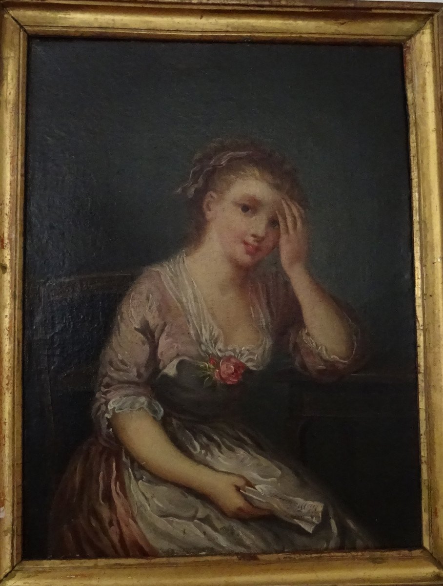 Portrait De Jeune Femme à La Rose d'Après Greuze Huile/toile Début XIXème Siècle-photo-3