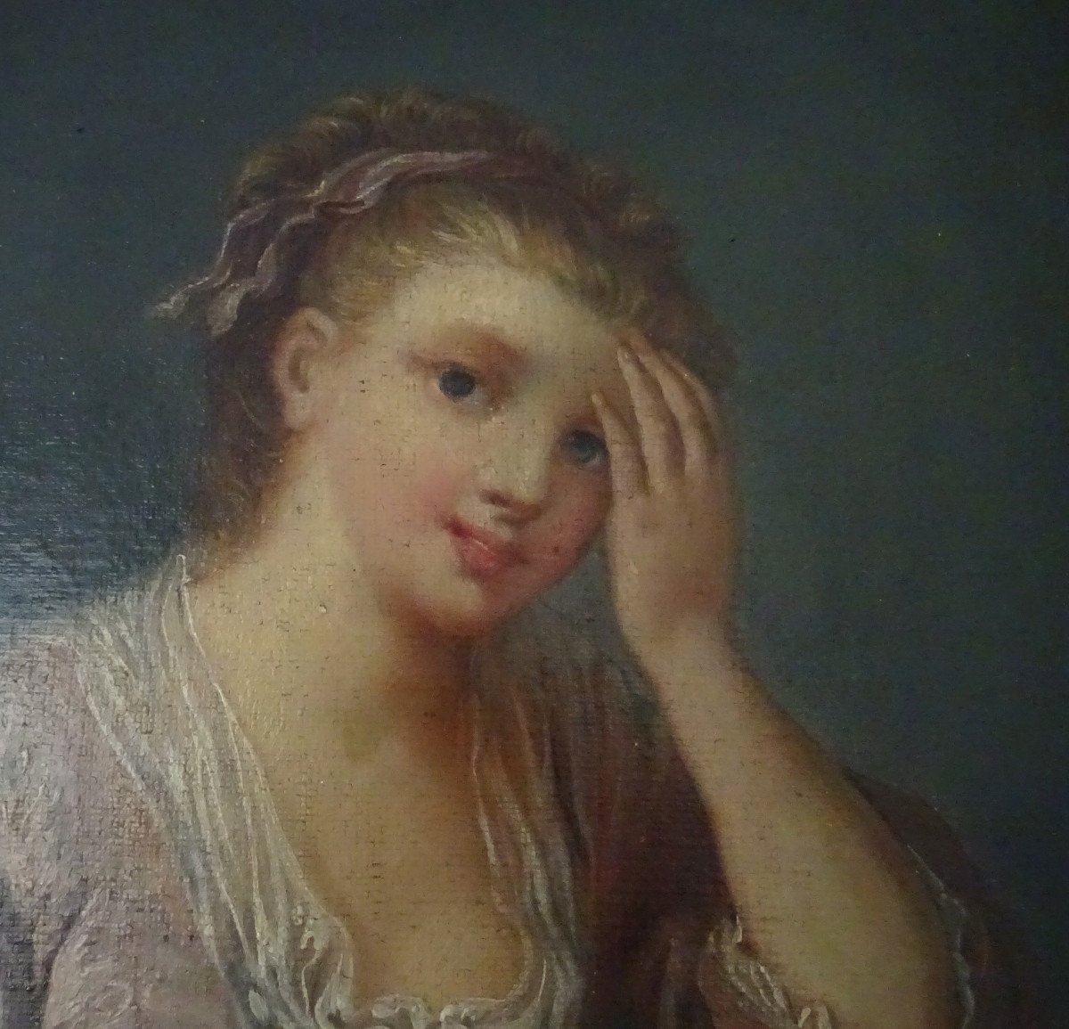 Portrait De Jeune Femme à La Rose d'Après Greuze Huile/toile Début XIXème Siècle-photo-2