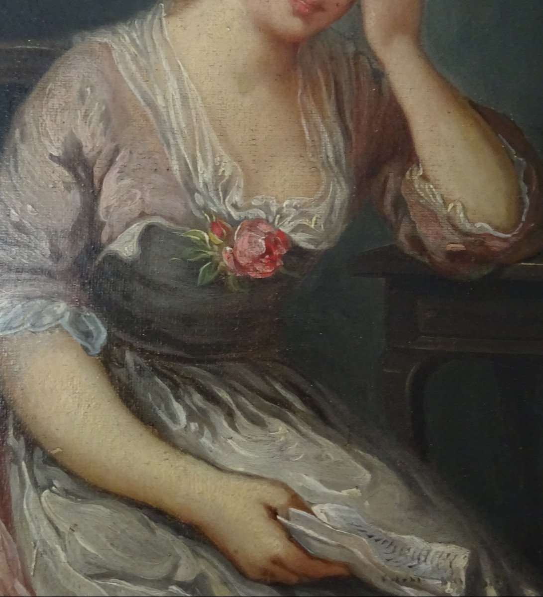 Portrait De Jeune Femme à La Rose d'Après Greuze Huile/toile Début XIXème Siècle-photo-3