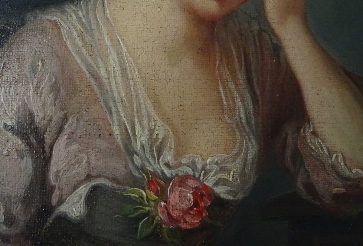 Portrait De Jeune Femme à La Rose d'Après Greuze Huile/toile Début XIXème Siècle-photo-5