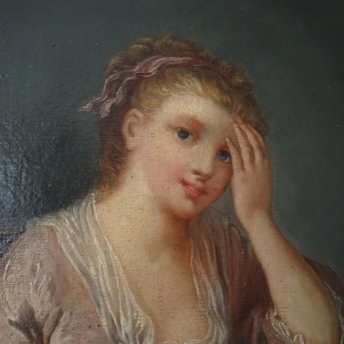 Portrait De Jeune Femme à La Rose d'Après Greuze Huile/toile Début XIXème Siècle-photo-7